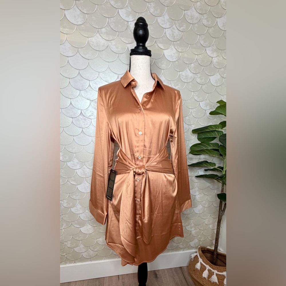 Bebe Charmeuse Long Sleeve Waist Tie Macchiato Satin Shirt Dress Size XS